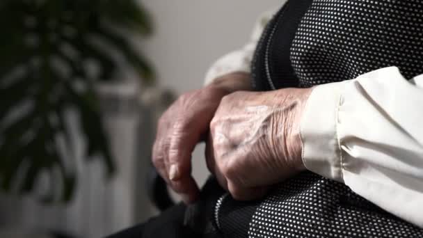 シニア女性の手を閉じてください 高齢の女性が心安らぐ生活を考える — ストック動画