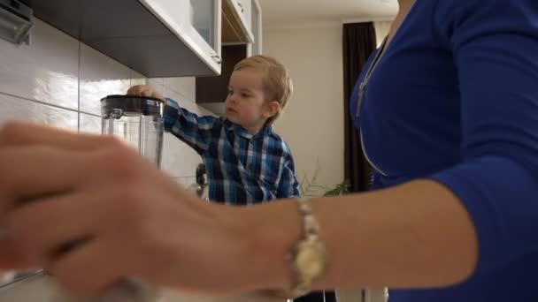 Busy Young Mother Preparing Fast Breakfast Son Child Sitting Kitchen — Stock Video