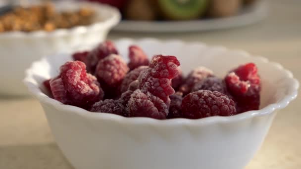 Close Frozen Raspberries Kitchen Countertop Morning Evening Sunshine Window Slow — Stock Video