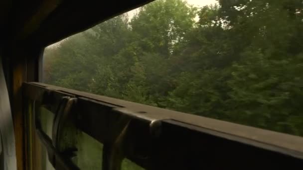 20世紀の古いレトロ列車は蒸気煙雲と空気環境を汚染するヨーロッパ中の鉄道に移動します レトロな電車からの眺めワゴンが窓を開けた 夏の秋 — ストック動画