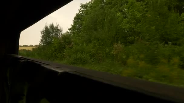 Pohled Otevřeného Okna Vagónu Cestování Železnici Celé Evropě Stromy Pole — Stock video