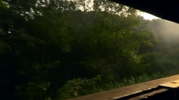 20世纪的复古列车在铁路上穿越欧洲机车污染了空气环境与蒸气烟云 从复古列车车厢大篷车打开的窗口观看 — 图库视频影像