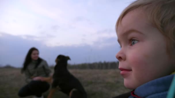 Маленький Хлопчик Сидить Спокійно Посміхаючись Stroller Спостерігаючи Молода Жінка Ставить — стокове відео