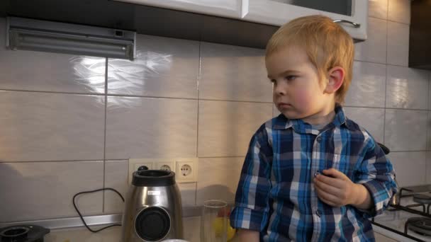 Mother Son Preparing Fruit Cocktail Sprouted Wheat Blender Child Sitting — Stock Video