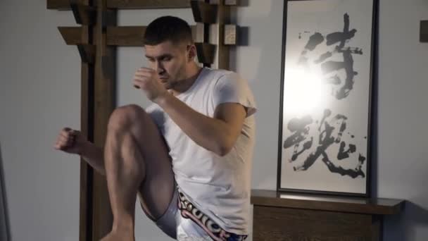 Artes Marciales Fighter Performing Legs Workout Entrenamiento Deportista Preparándose Para — Vídeos de Stock
