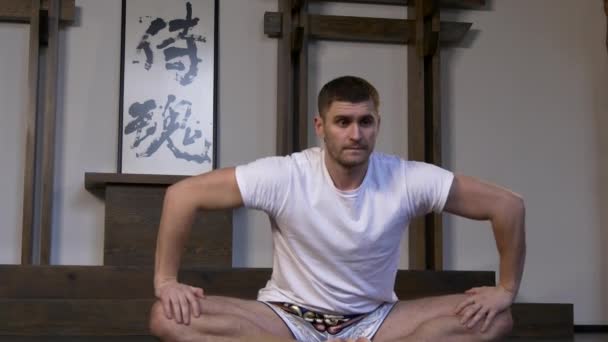 Martial Arts Fighter Sportsman Warming Man Performing Exercises Preparing Training — Stock Video