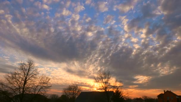 村の家 コテージの屋根 木の上の青い空にタイムラプスの夜の雲 農村部の国の生活 田園風景 — ストック動画