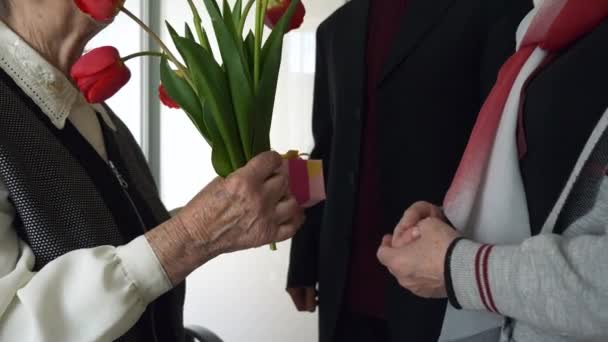 Hija Madura Nieto Joven Adulto Visita Regala Flores Regalo Tulipán — Vídeos de Stock