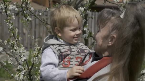 Büyükannem Torunuyla Eğlenirken Onu Arka Bahçedeki Ağaç Çiçekleri Nin Yanındaki — Stok video