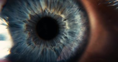 Dişi Mavi Göz. Göz bebeği Iris Retina Gözbebeği Kornea. Aşırı yakın çekim Macro çekimi. Kırp Aç Kapalı