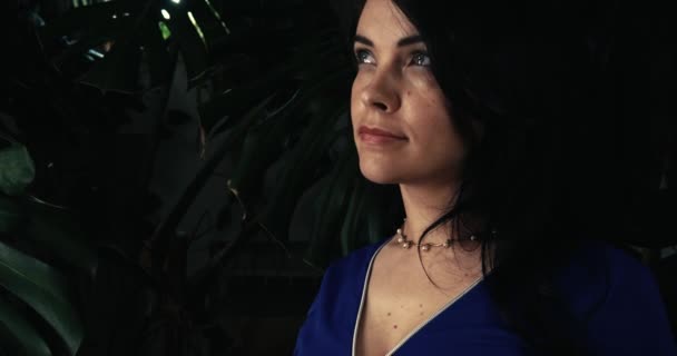 Beautiful Woman Thinking Sitting Resting Darkness Tropical Plants Night — Stock Video