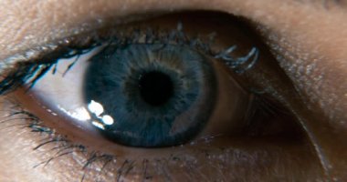 Dişi Mavi Göz. Göz bebeği Iris Retina Gözbebeği Kornea. Yakından Göz Kırp. Yakın çekim.