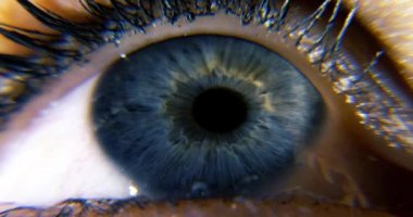 Dişi Mavi Göz. Göz bebeği Iris Retina Gözbebeği Kornea. Yakından Göz Kırp. Yakın çekim.