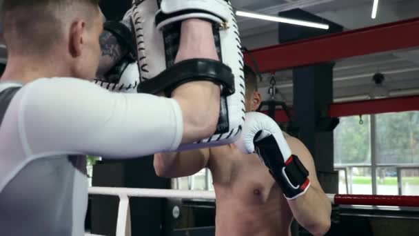 Close Portret Emotionele Hit Boxer Punch Pad Training Boksring Bij — Stockvideo