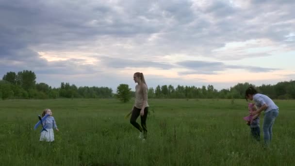 母は草原の自然の中で子供たちと遊ぶ 夕方曇り日没の空 — ストック動画