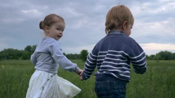 畑で草の上を走る幸せな素敵な子供たち 男の子と女の子が手を握っている スローモーション 田園風景の夜の黄昏シーン — ストック動画