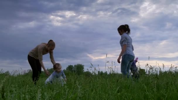 Família Brincando Com Aviões Brinquedo Campo Grama Mãe Filhos Felizes — Vídeo de Stock