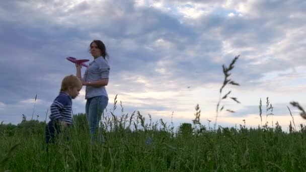 Family Playing Toy Airplanes Grass Field Happy Mother Children Spring — Stock Video