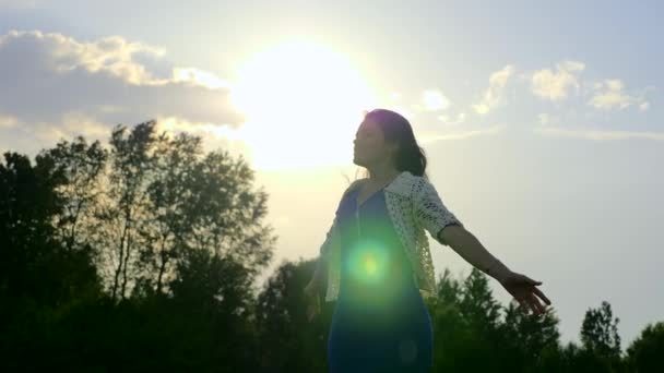 Guapa Chica Disfrutando Brisa Viento Soplando Pelo Ondeando Antecedentes Libertad — Vídeos de Stock