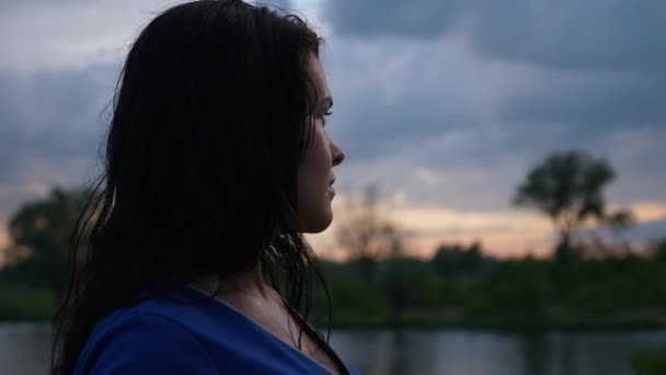Poważna Kobieta Myśląca Podczas Oglądania Malowniczego Zachodu Słońca Nad Wiejskim — Wideo stockowe