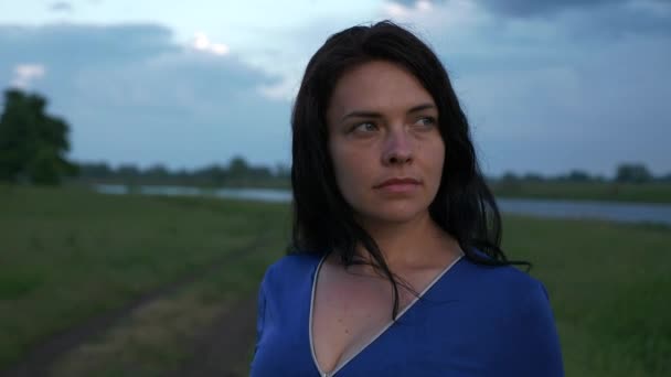 Serious Woman Thinking While Watching Scenic Sunset Rural Landscape Breeze — Stock Video