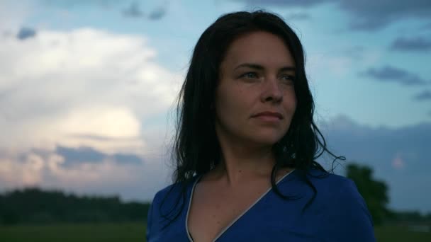 Serious Woman Thinking While Watching Scenic Sunset Rural Landscape Breeze — Stock Video