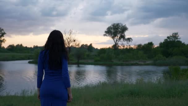 Σοβαρή Γυναίκα Σκέψη Ενώ Βλέποντας Γραφικό Ηλιοβασίλεμα Πάνω Από Αγροτικό — Αρχείο Βίντεο