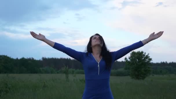 美丽的女孩在森林附近的田野里祈祷 风景自然黄昏黄昏 暴雨天气 多云的天空 2X慢动作 60Fps — 图库视频影像