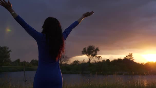 아름다운 소녀는 자유를 사랑한다 머리카락을 날리고 들판의 폭풍우 가극적 하늘을 — 비디오