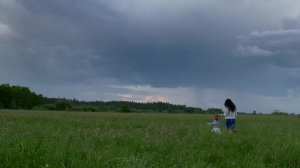 Anya Sétál Sétál Gyerekekkel Természeten Mezőn Esti Felhős Esős Égbolt — Stock videók