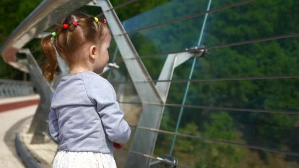 Κοριτσάκι Που Παίζει Βλέποντας Στο Bridge Railing Fence Στο City — Αρχείο Βίντεο