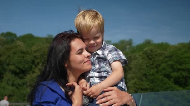 Amare Mamma Abbracciare Accarezzare Bambino Mentre Tiene Mani Sul Ponte — Video Stock