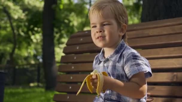 Glad Pojke Äter Banan Barnsängar Träbänk Park Ljus Solig Sommardag — Stockvideo