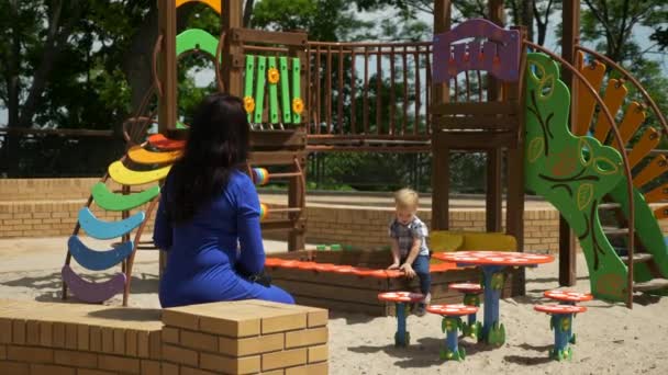 Criança Brinca Com Mãe Parque Infantil City Park Recreação Urbana — Vídeo de Stock