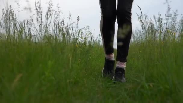 Kvinnan Sprang Jogging Grass Field Landsbygdslandskap Regniga Moln Väder Vårsäsongen — Stockvideo