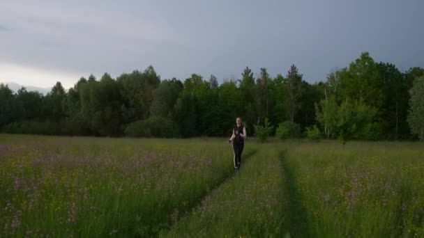 Mulher Correndo Jogging Grass Field Paisagem Rural Campo Nuvens Chuvosas — Vídeo de Stock