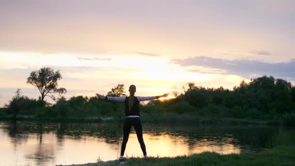 Frau Beim Joggen Auf Wiese Ländliche Landschaft Regenwolken Wetter Frühlingszeit — Stockvideo