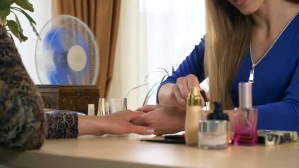 女性美容师为女士做指甲美容术 化妆艺术家妇女应用指甲波兰瓦尼什 2X慢动作 5速度60Fps — 图库视频影像