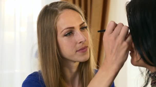 Visagistin Kosmetikerin Die Kosmetik Auf Das Gesicht Einer Kaukasierin Aufträgt — Stockvideo
