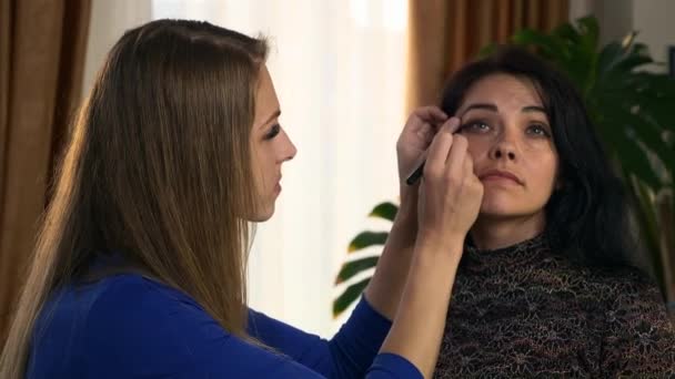 Make Artist Beautician Applying Cosmetics Caucasian Woman Face Slow Motion — Stock Video