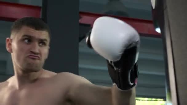 60P Kavkazský Mužský Boxerský Trénink Městské Tělocvičně Cvičení Úderů Podložkách — Stock video