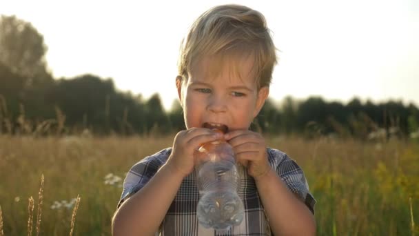 Little Boy Drinks Water Standing High Grass Field Summer Sunset — Stock Video