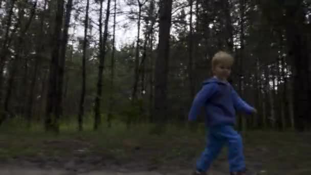 Mały Chłopiec Biegający Samotnie Lesie Samotne Dziecko Błąkające Się Lesie — Wideo stockowe