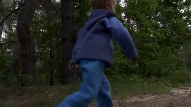 Malý Chlapec Běží Sám Lese Osamělé Dítě Bloudí Lese Letní — Stock video