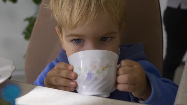 少年はフルーツティーを飲んでいる 家族の夕食を待つ子供 — ストック動画