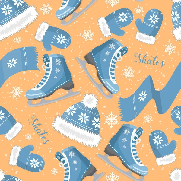Seamless background with curly skates on the ice. With snowflakes. Pattern. — Stock Vector