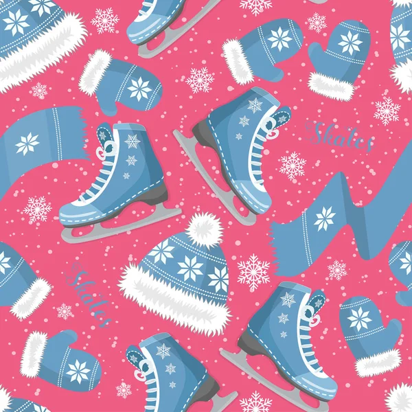 Seamless background with curly skates on the ice. With snowflakes. Pattern. — Stock Vector