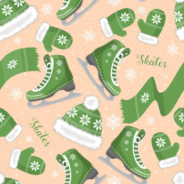 Seamless background with curly skates on the ice. With snowflakes. Pattern. — Stock Vector