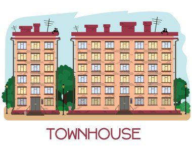 Townhouse beyaz zemin üzerinde. Balkon ve kutuları çiçek.