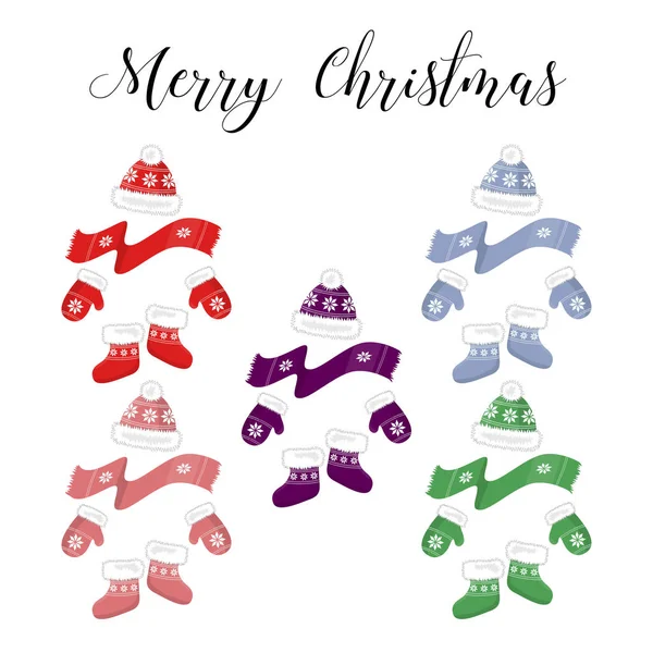 Χριστουγεννιάτικη κάρτα με τις διακοσμήσεις Χριστουγέννων. Καπέλα, γάντια, κάλτσες και ένα μαντήλι. — Διανυσματικό Αρχείο